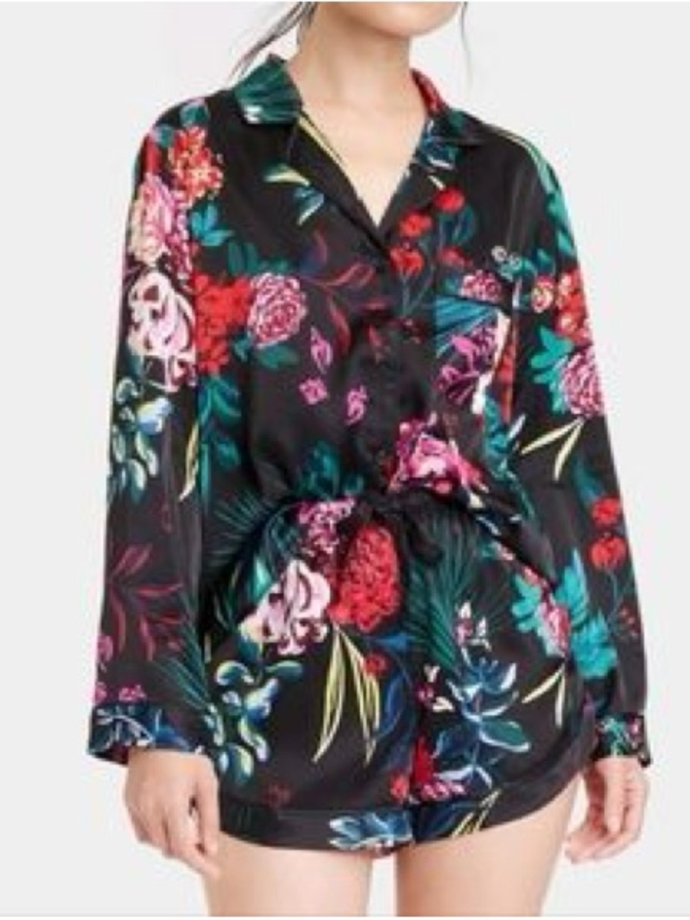 Star  above Black Floral Satin Long-Sleeve Pajama Set